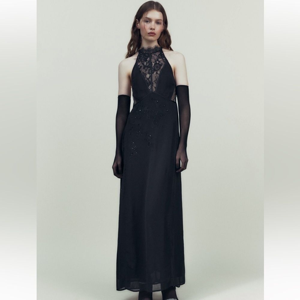 Zara lace embroidered beaded halter maxi dress NWT